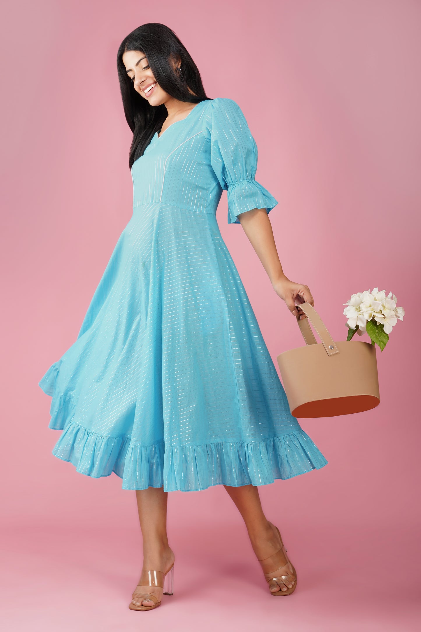 Sky Blue Midi Dress with Ruffled Hem