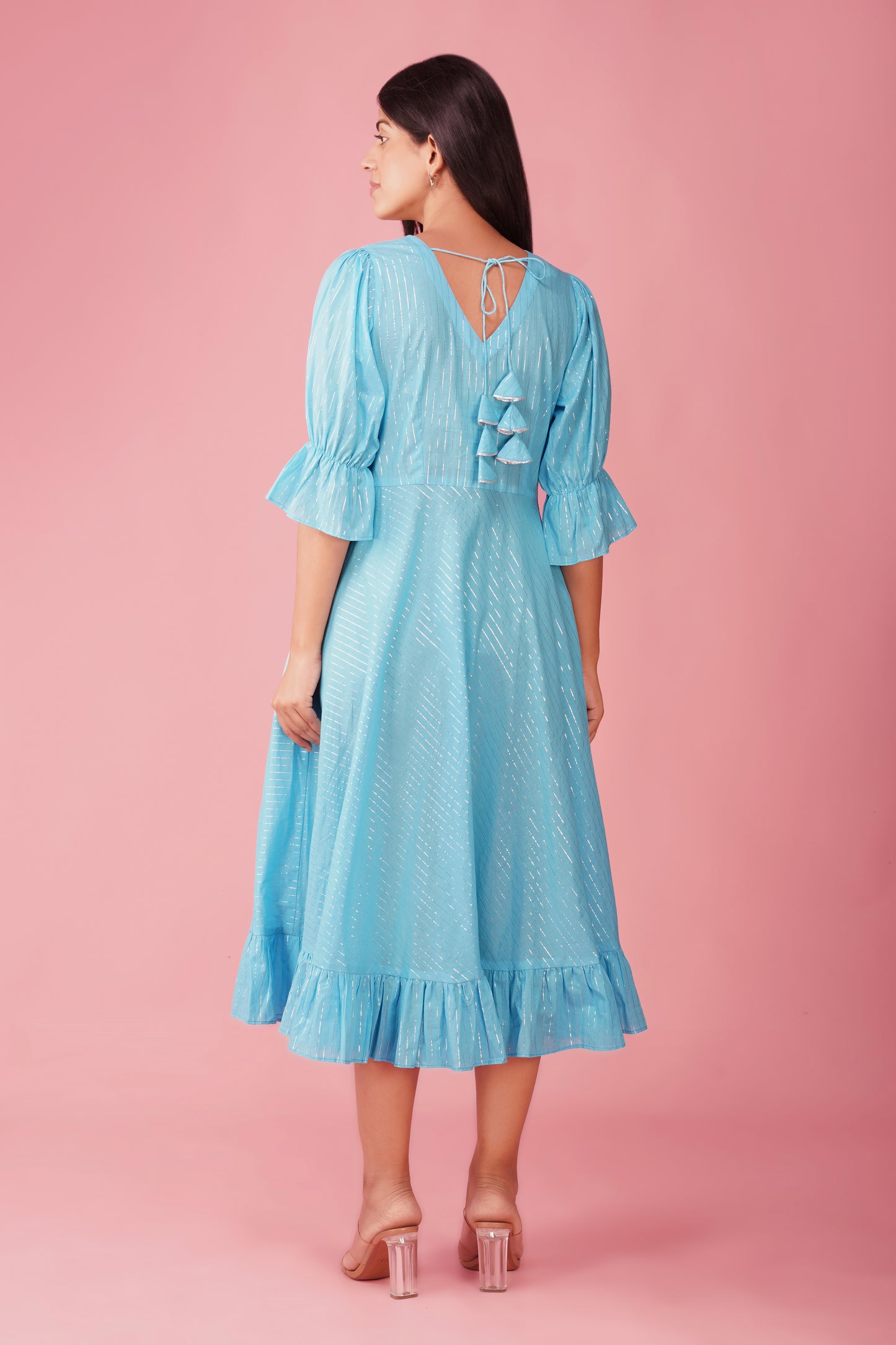 Sky Blue Midi Dress with Ruffled Hem