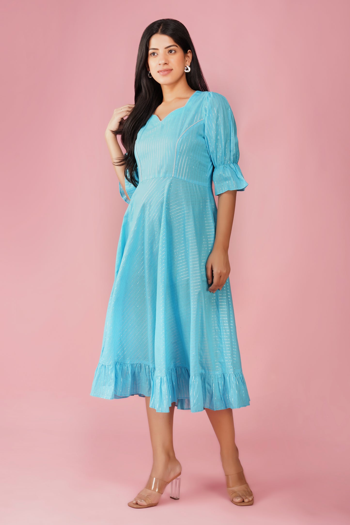 Sky Blue Midi Dress with Ruffled Hem
