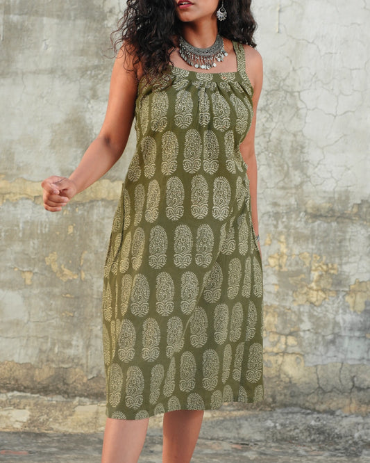 Boho Breeze Block Print Cotton Midi Dress - Vintage Olive