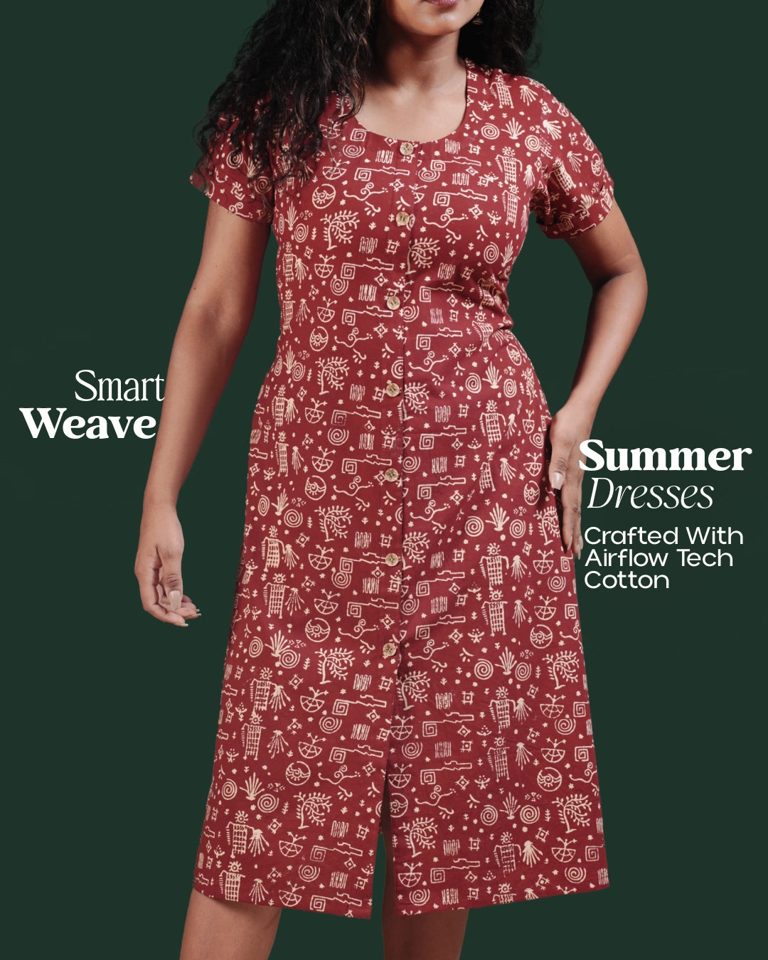 Pure Cotton Worli Art Midi Dress with Sleeves(Short sleeves) - Terracotta Rouge