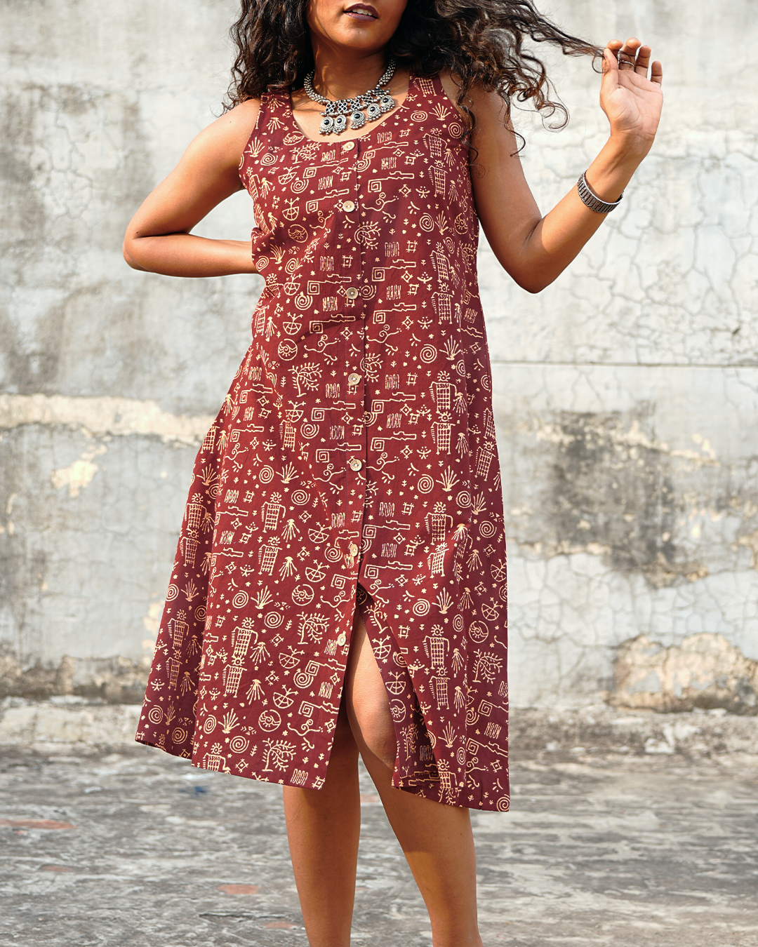 Pure Cotton Worli Art Midi Dress with Pockets - Terracotta Rouge