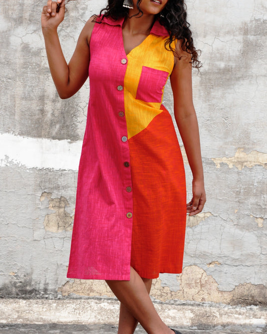 Artisan Patchwork Cotton Straight Dress - Sunset Carnival