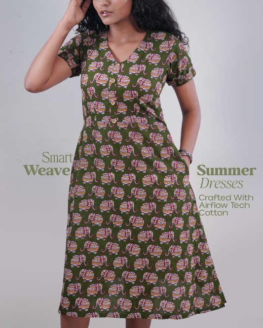 Jaipur Parade Hand Block Print Cotton Midi Dress ( Short Sleeves) - Sage Dust