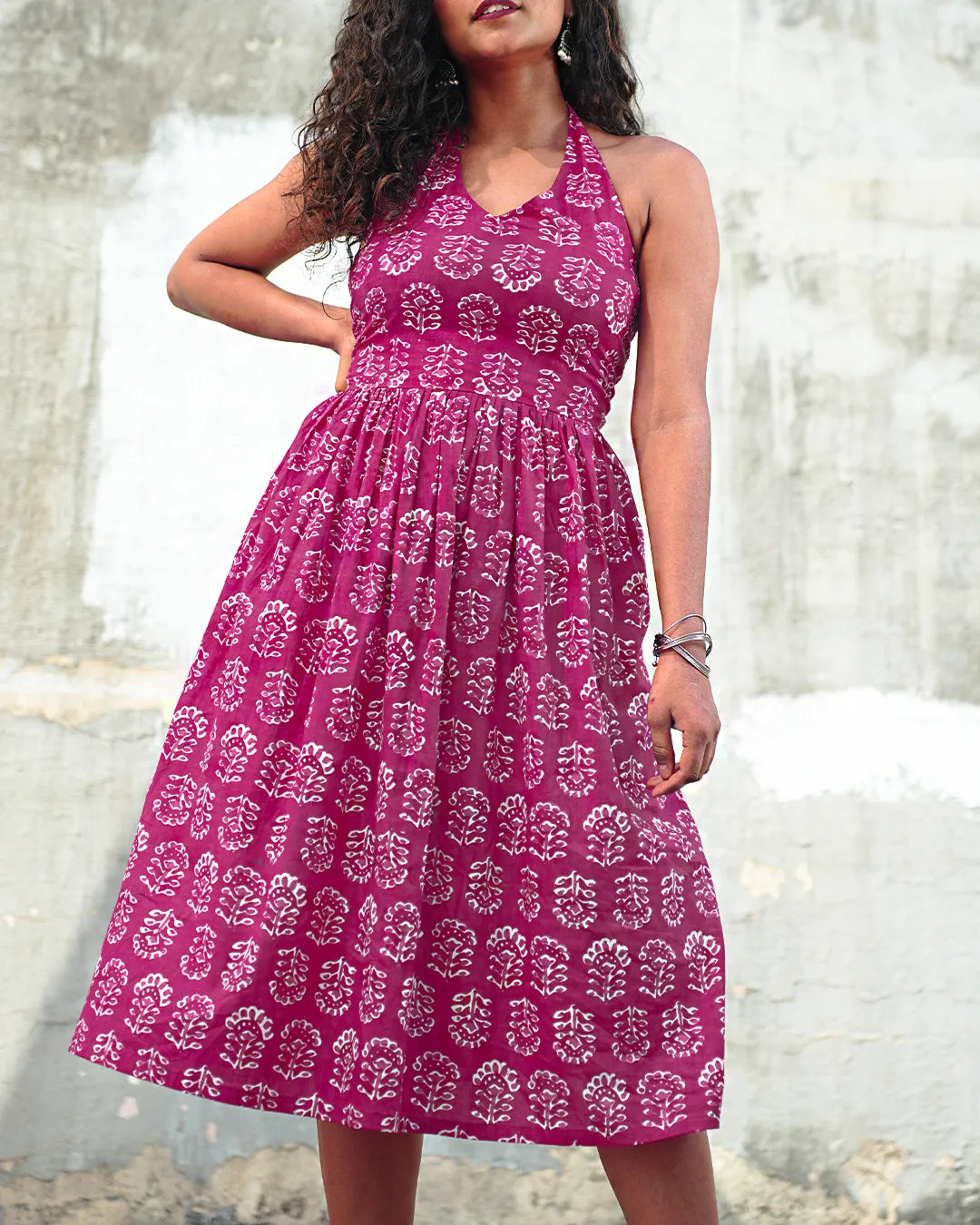 Pure Cotton Halter Flared Dress- Mystic Magenta