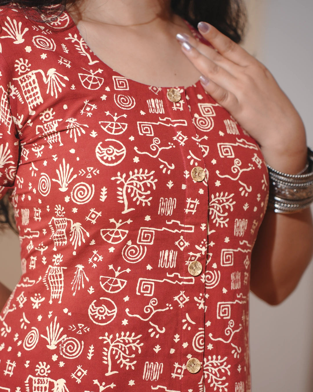 Pure Cotton Worli Art Midi Dress with Sleeves(Short sleeves) - Terracotta Rouge
