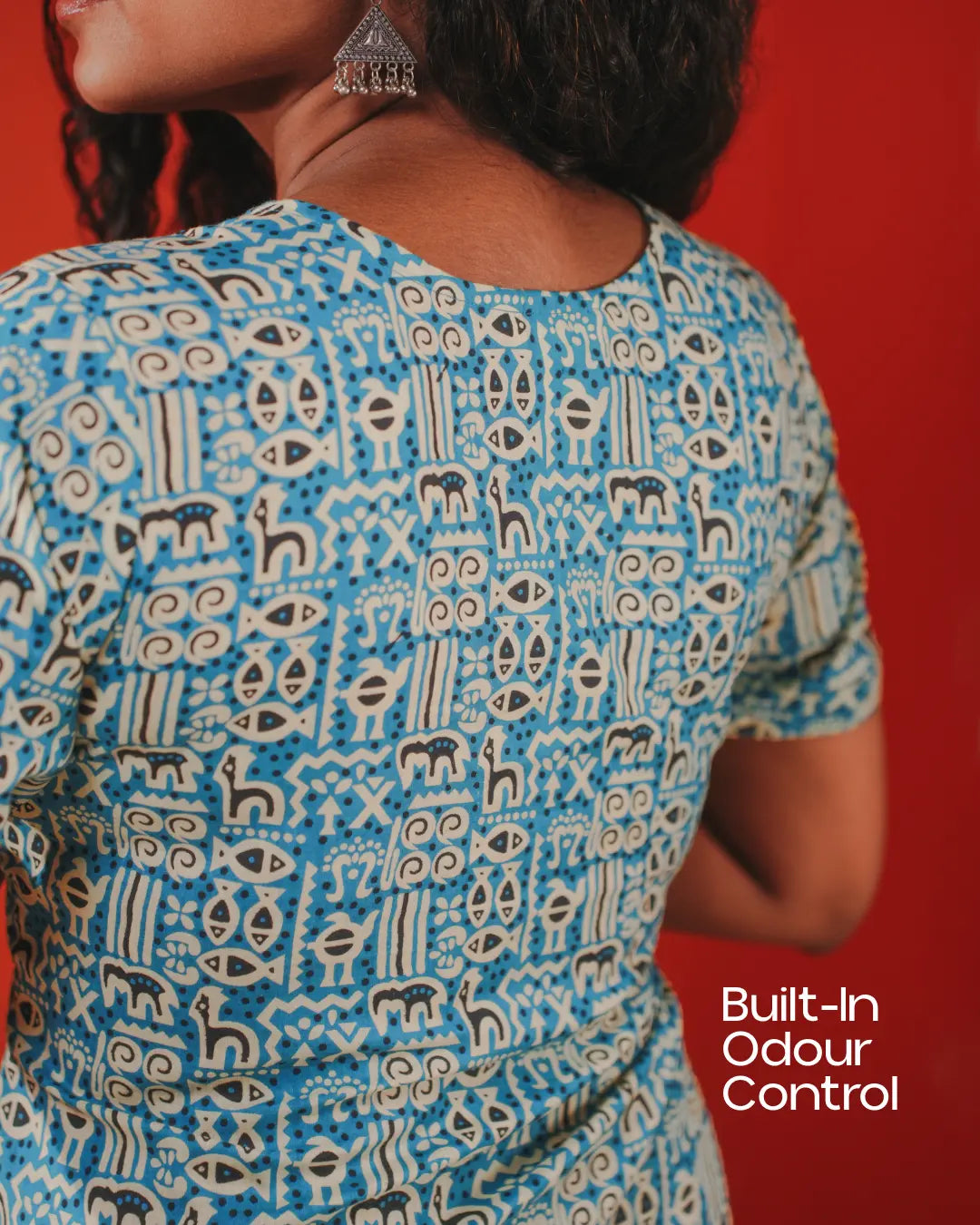 Pure Cotton Worli Art Midi Dress with Sleeves(Short sleeves) - Blue Mirage