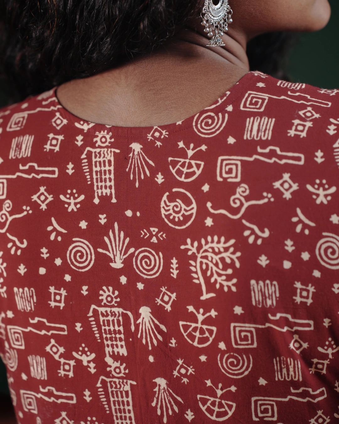 Pure Cotton Worli Art Midi Dress with Sleeves(Short sleeves) - Terracotta Rouge