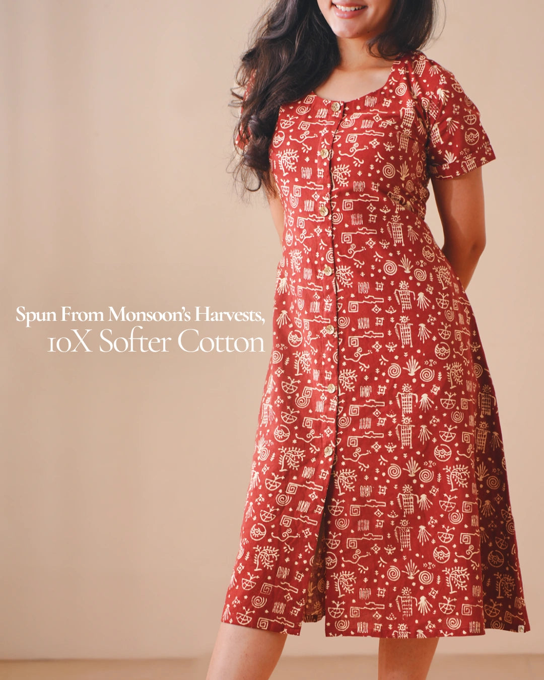 Pure Cotton Worli Art Midi Dress with Sleeves(Short sleeves) - Terracotta Rouge
