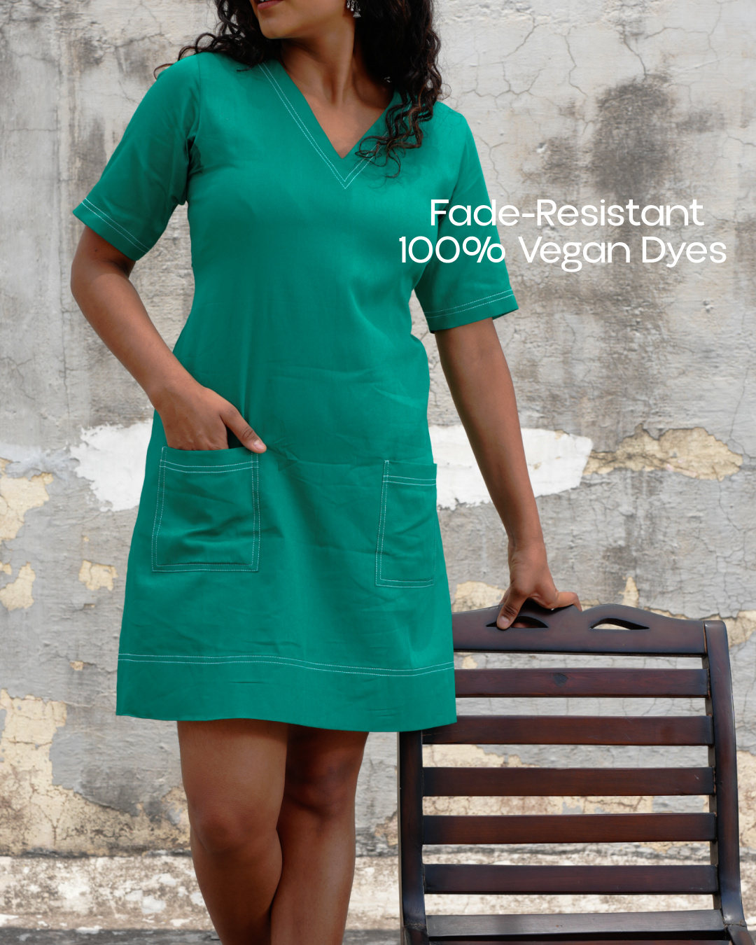 Classic V-Neck Cotton Midi Dress with Pockets - Ocean Breeze