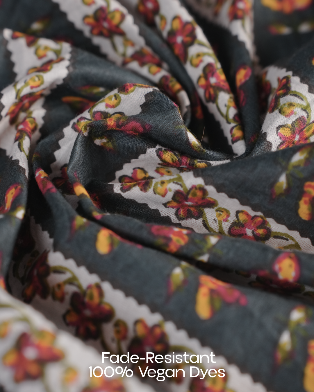 Marigold Trail Pure Cotton Block Print Midi Dress( Short Sleeves) - Charcoal Petal