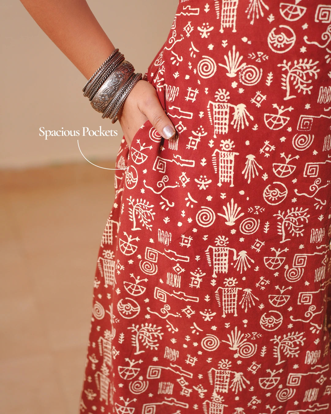 Pure Cotton Worli Art Midi Dress with Sleeves(Short sleeves) - Terracotta Rouge