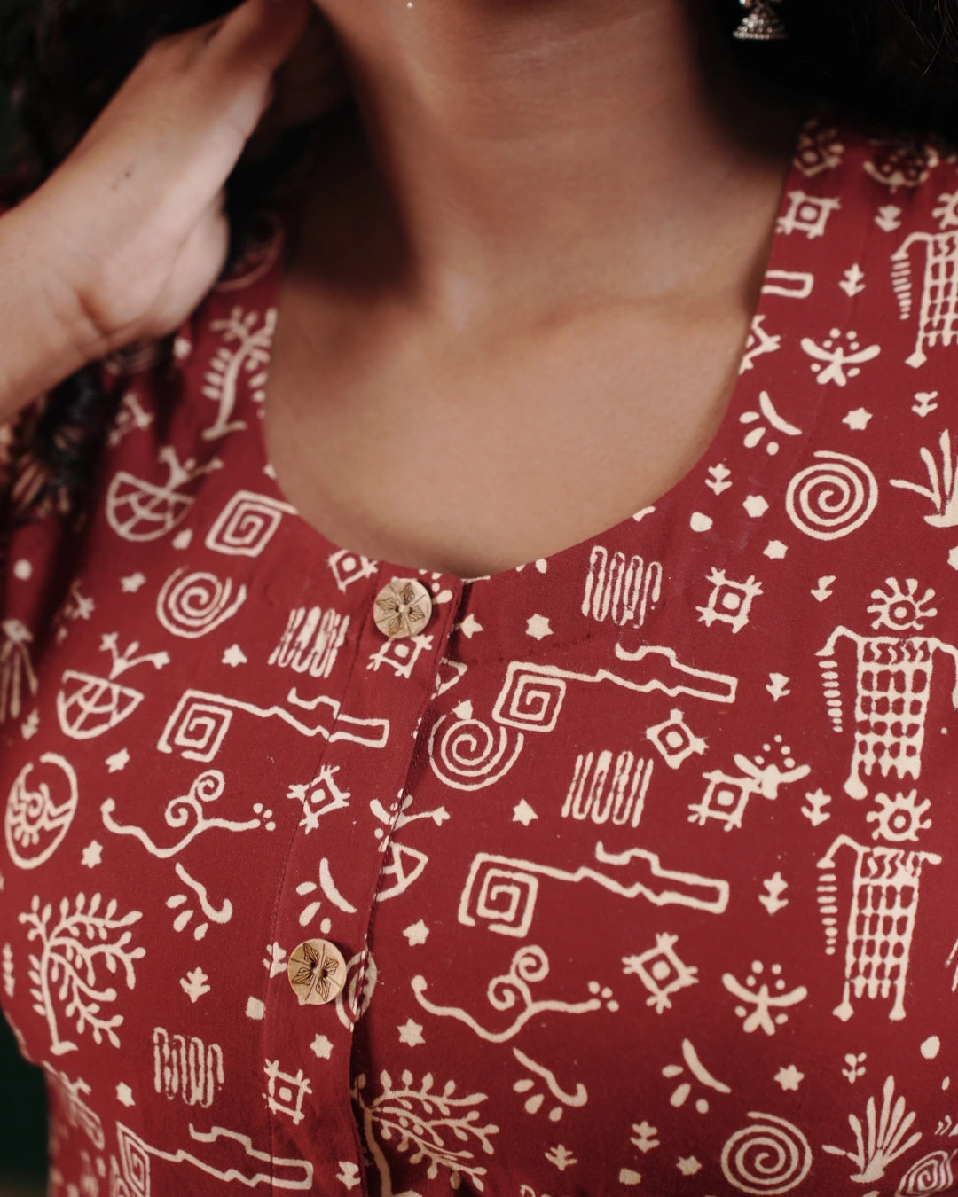 Pure Cotton Worli Art Midi Dress with Sleeves(Short sleeves) - Terracotta Rouge