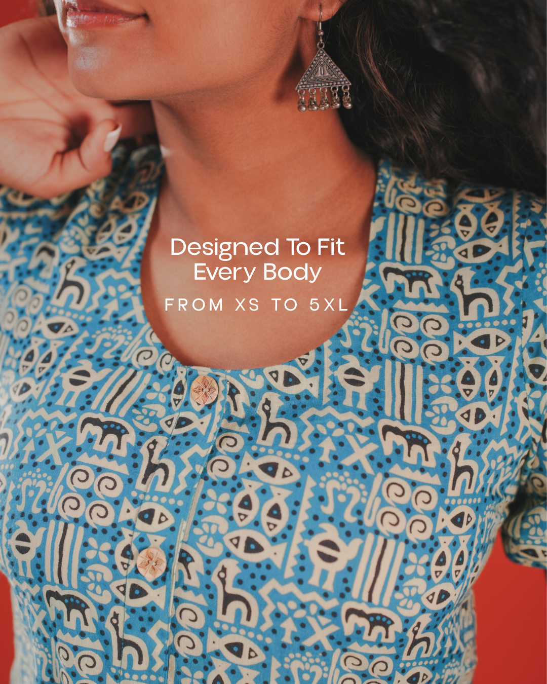 Pure Cotton Worli Art Midi Dress with Sleeves(Short sleeves) - Blue Mirage