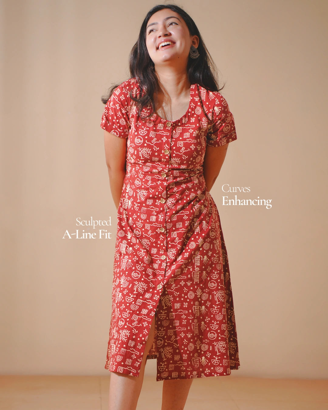 Pure Cotton Worli Art Midi Dress with Sleeves(Short sleeves) - Terracotta Rouge