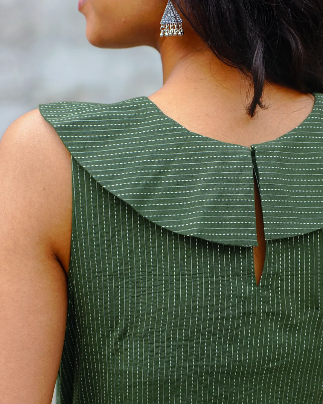 Vintage Kantha Cotton A-Line Dress with Tie-Up Bow - Deep Fern