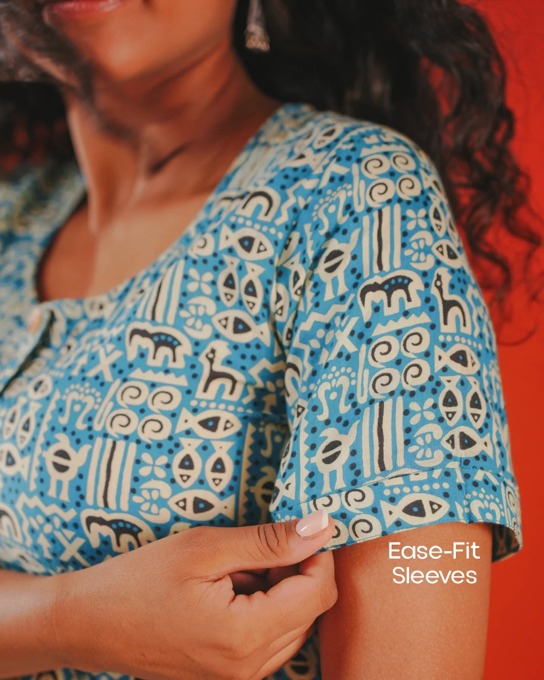 Pure Cotton Worli Art Midi Dress with Sleeves(Short sleeves) - Blue Mirage