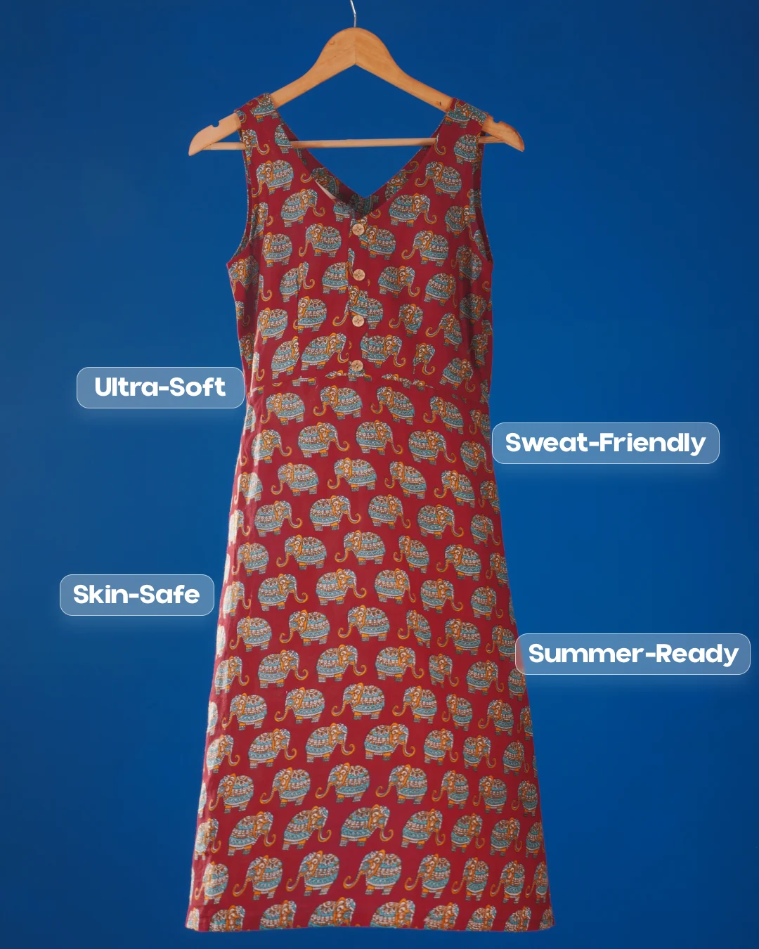 Jaipur Parade Hand Block Print Cotton Midi Dress (Sleeveless) - Burnt Coral