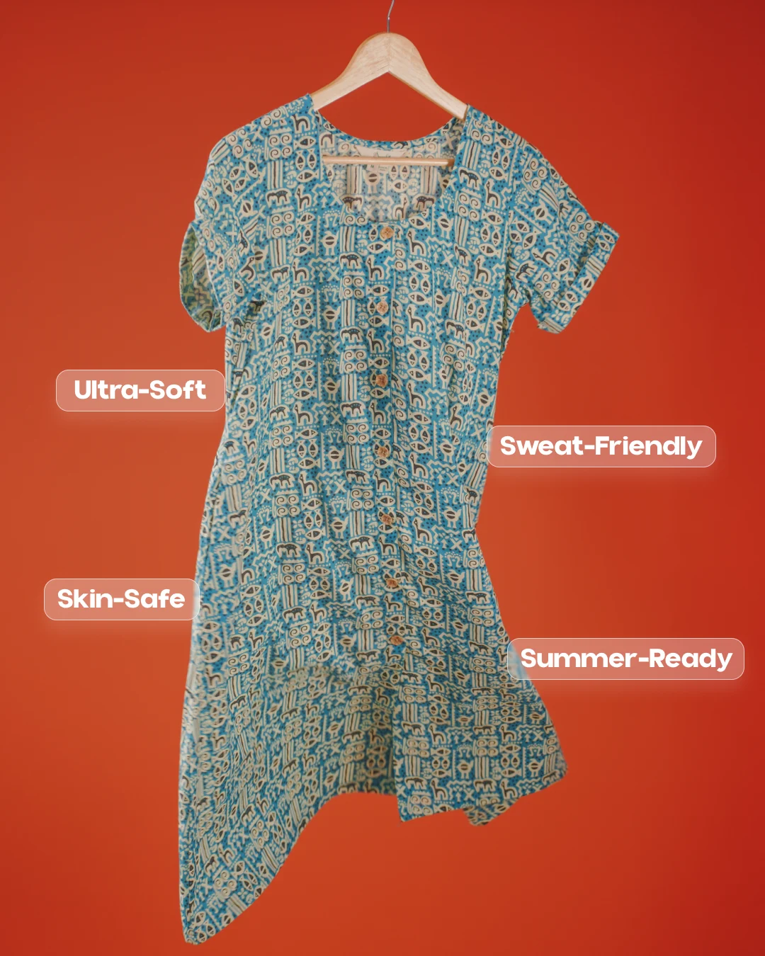 Pure Cotton Worli Art Midi Dress with Sleeves(Short sleeves) - Blue Mirage