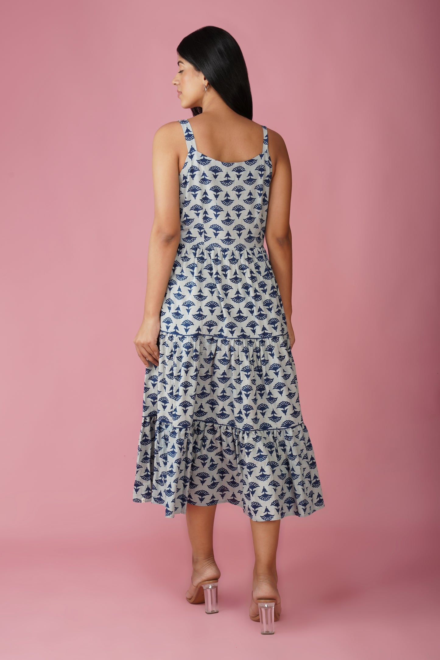 Indigo Cotton Tiered Midi Dress