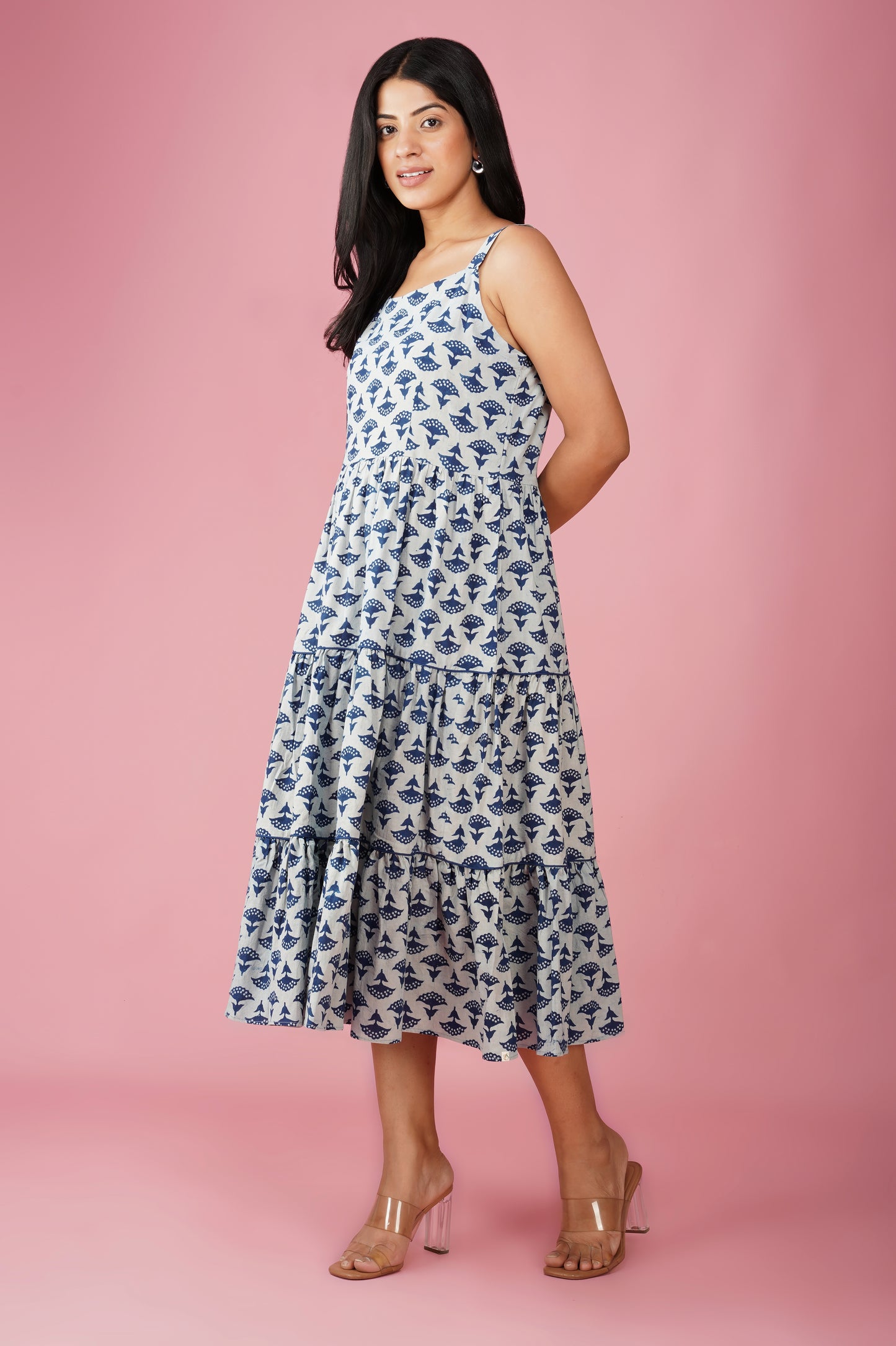 Indigo Cotton Tiered Midi Dress