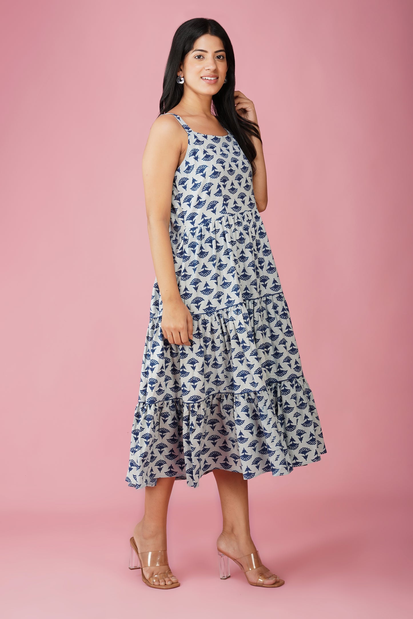Indigo Cotton Tiered Midi Dress