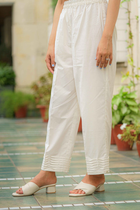 Off- White Straight Palazzo with Pin Tucks