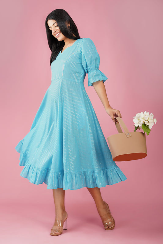 Sky Blue Midi Dress with Ruffled Hem