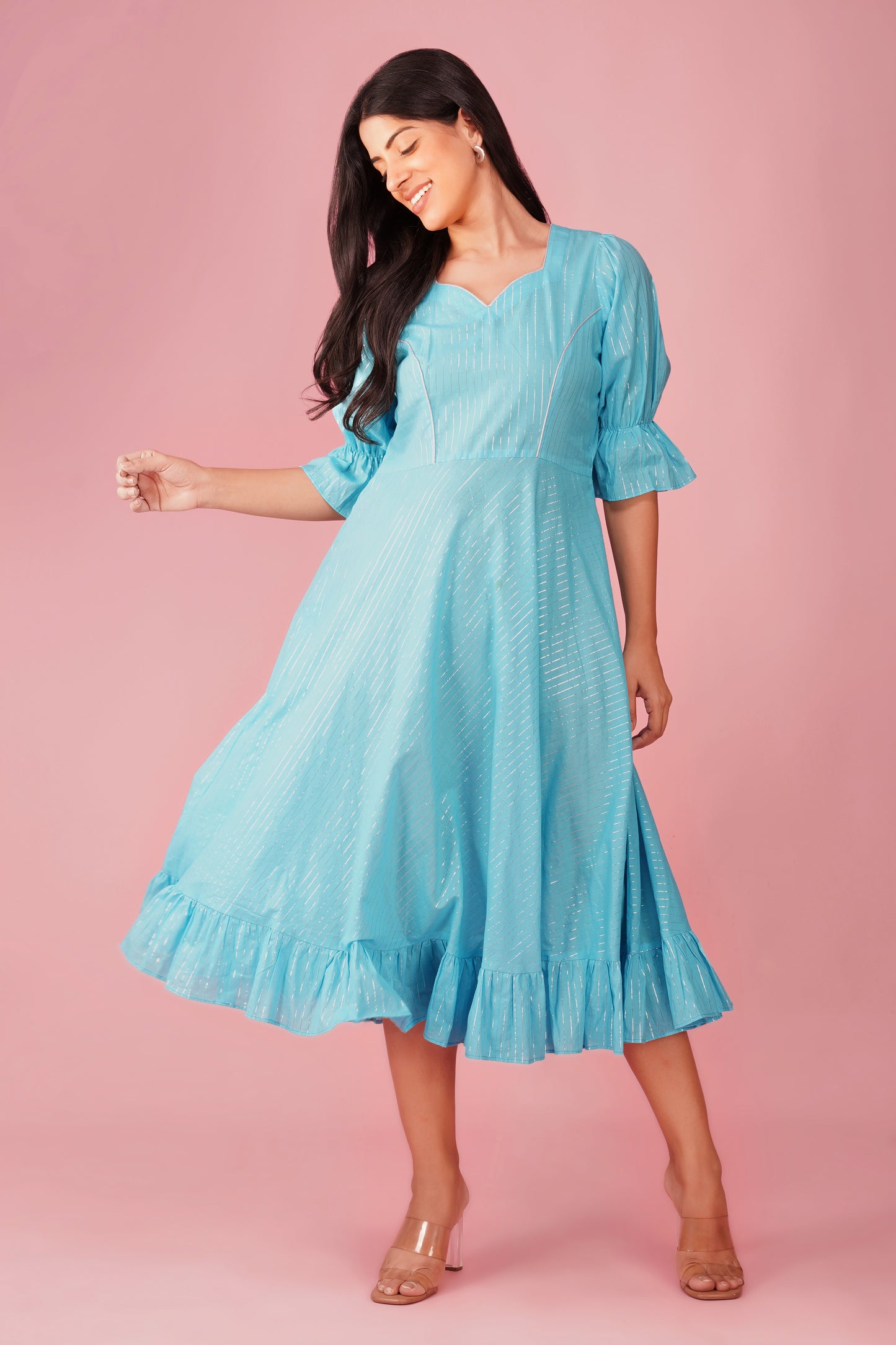 Sky Blue Midi Dress with Ruffled Hem