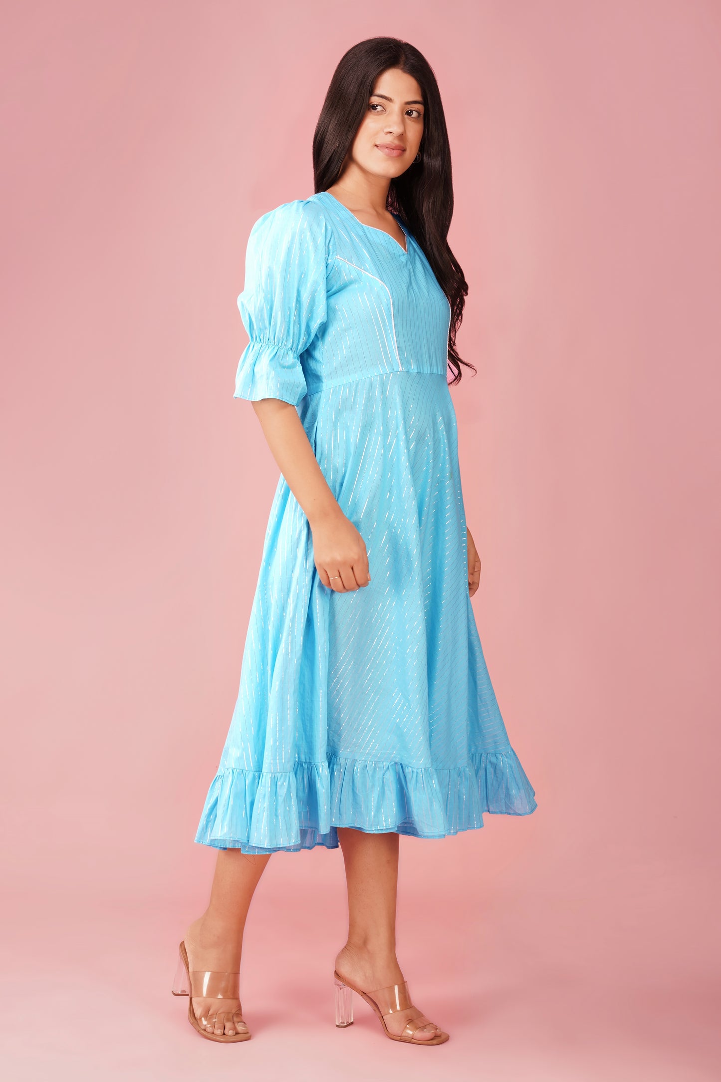 Sky Blue Midi Dress with Ruffled Hem