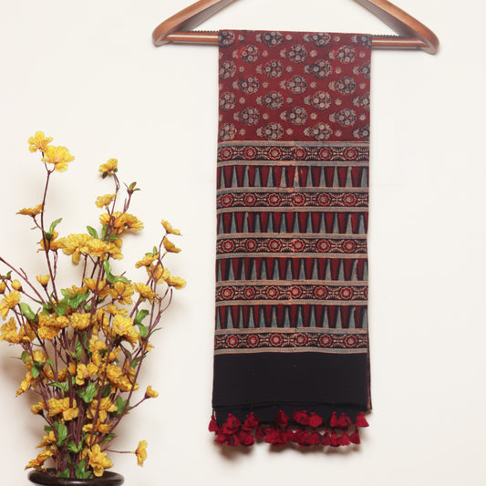 Maroon and Black Ajrakh Hand Block Printed Cotton Dupatta with Tassels