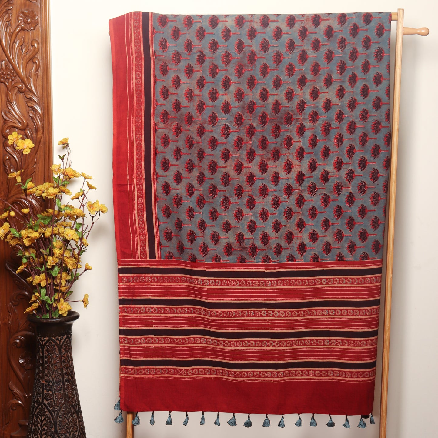 Floral Ajrakh Hand Block Printed Cotton Dupatta with Tassels