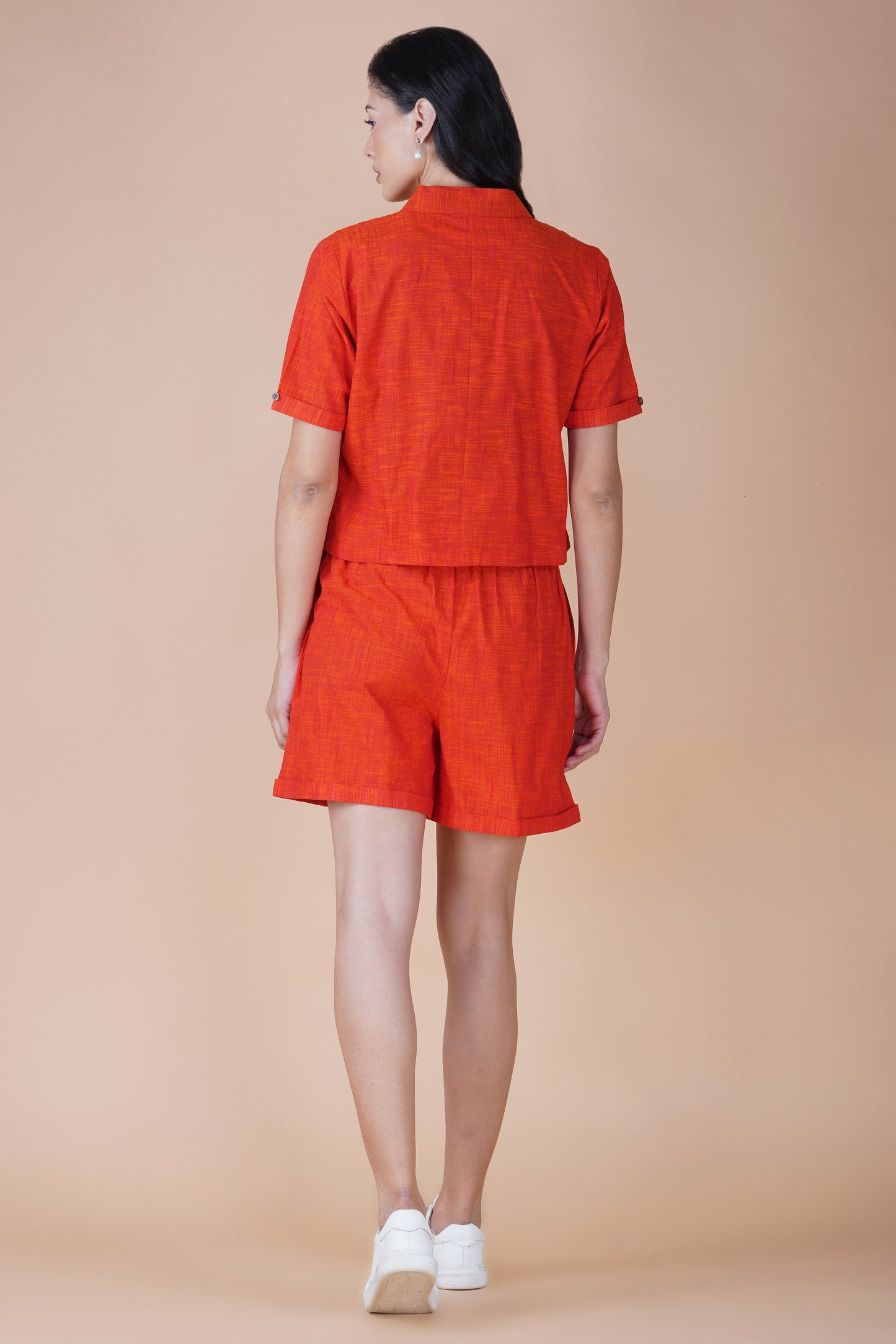 Coral Solid Cotton Shorts Co-ord Set