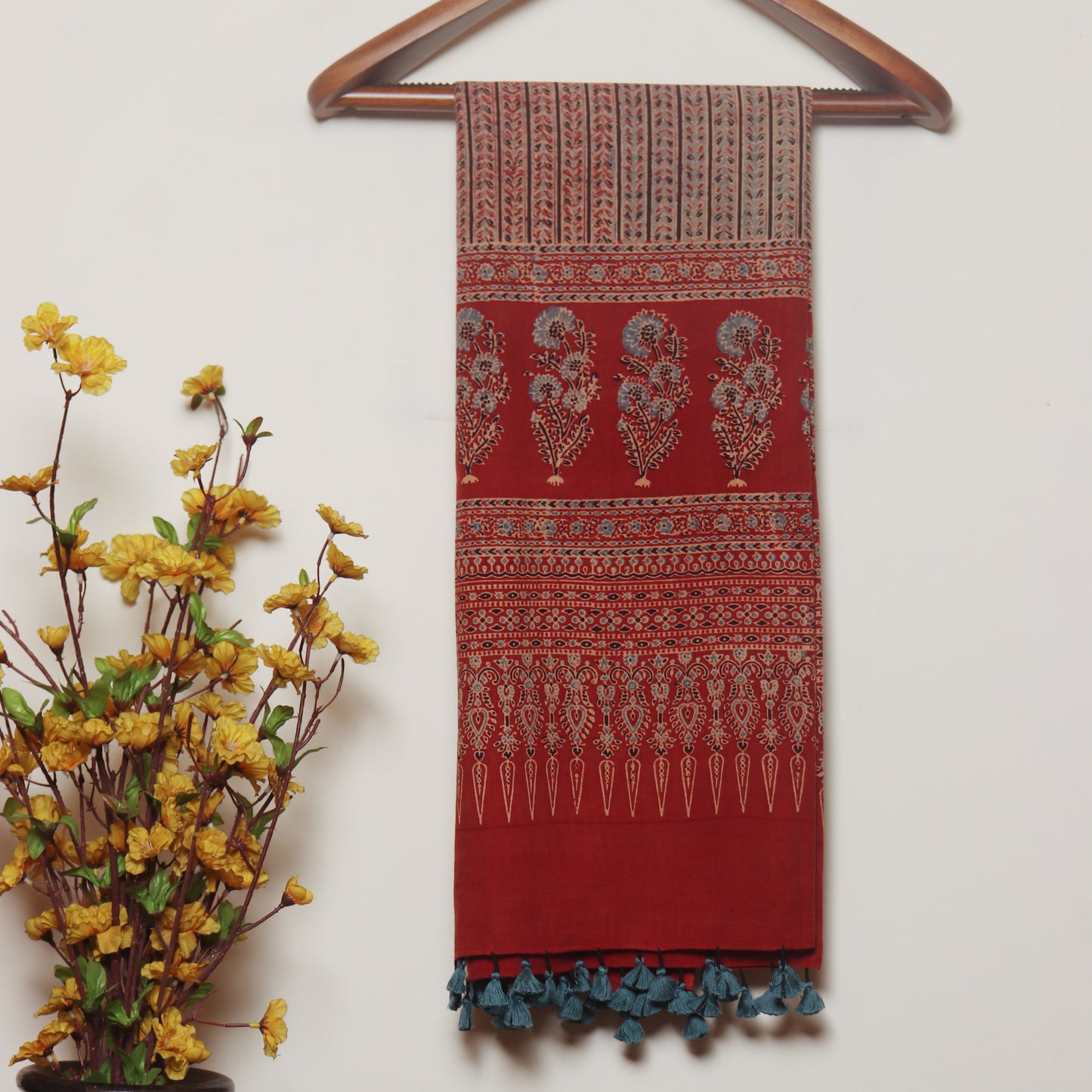 Red Ajrakh Hand Block Printed Cotton Dupatta with Tassels