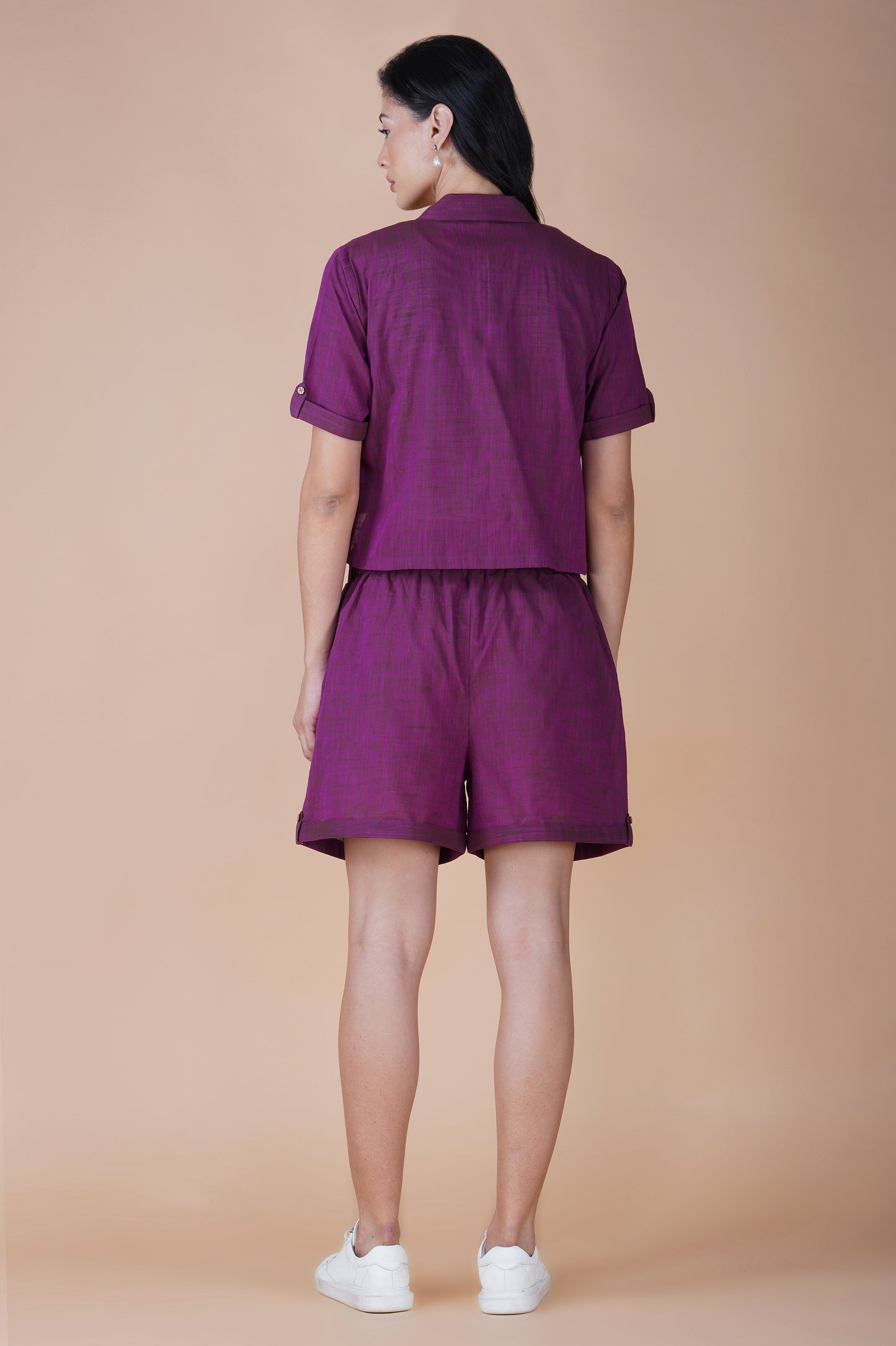 Plum Solid Cotton Shorts Co-ord Set