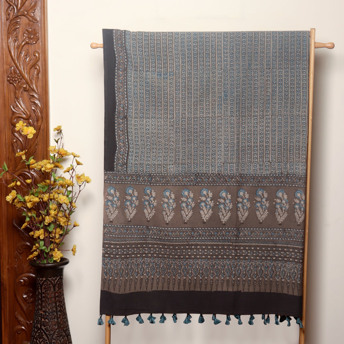 Ajrakh Hand Block Printed Cotton Dupatta with Tassels