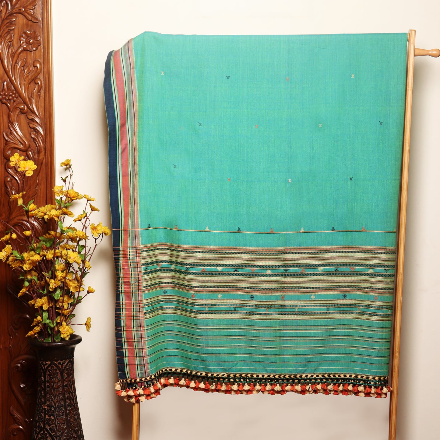 Green Bhujodi Handwoven Dupatta with Tassels