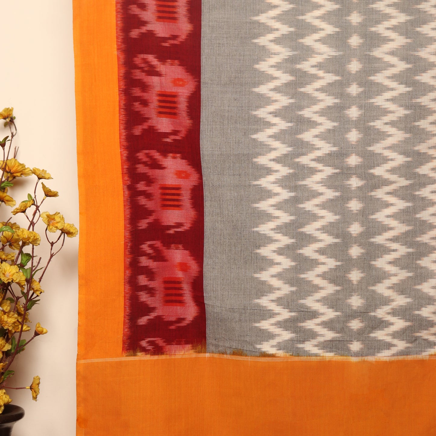 Pochampally Ikat Cotton Dupatta with Elephant Motifs and Tassels