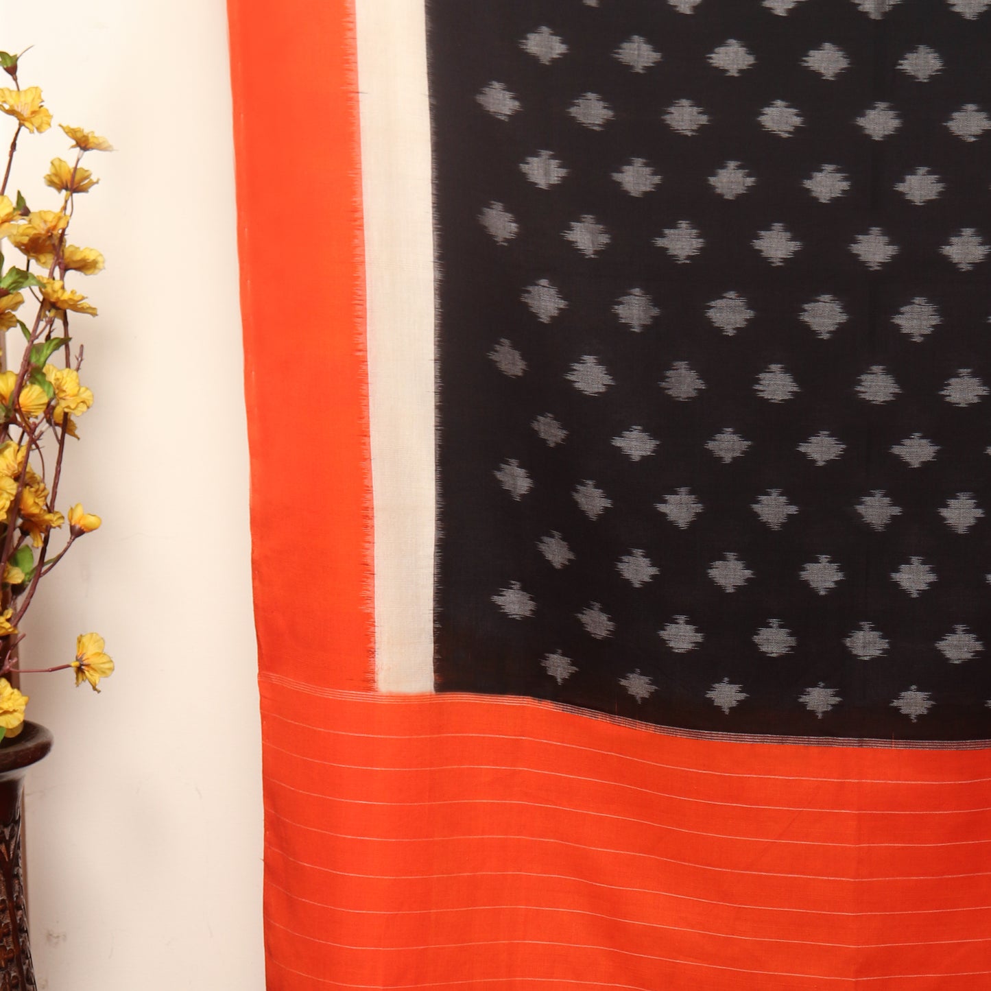 Orange and Black Pochampally Ikat Cotton Dupatta with Tassels