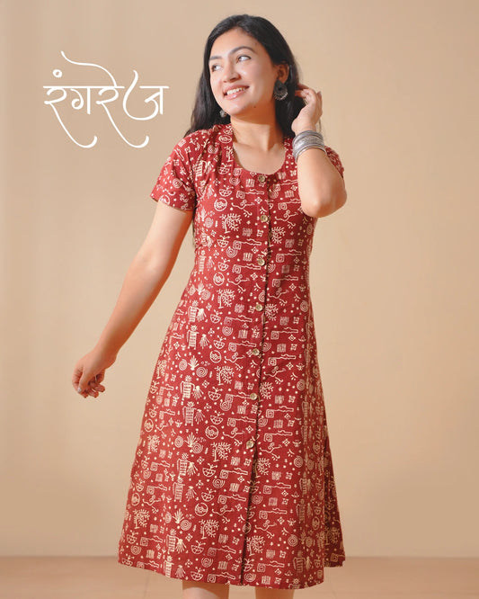 Pure Cotton Worli Art Midi Dress with Sleeves(Short sleeves) - Terracotta Rouge