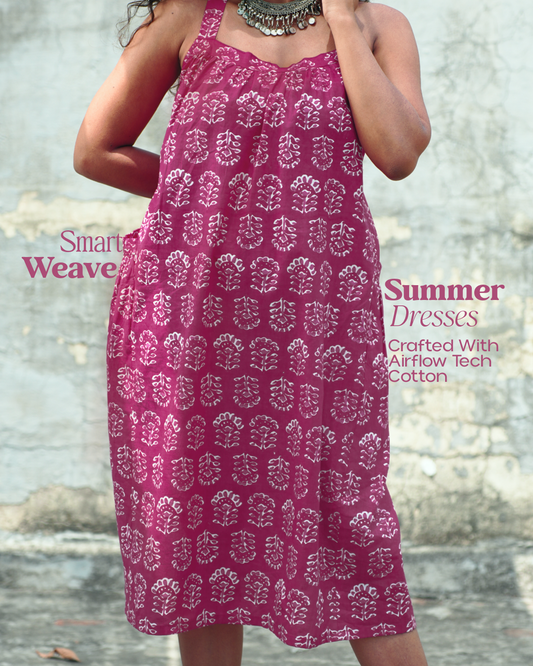 Boho Breeze Block Print Cotton Midi Dress - Mystic Magenta