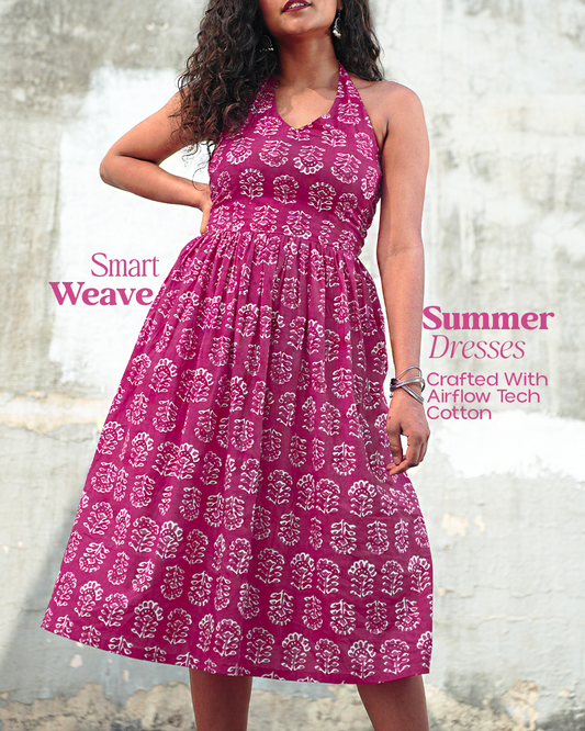 Pure Cotton Halter Flared Dress- Mystic Magenta
