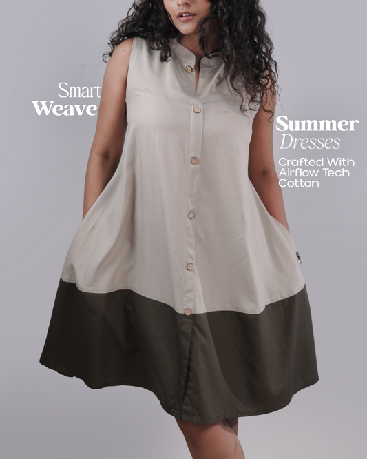 Two-Tone Solid Cotton A-Line Dress with Mandarin Collar - Smoky Taupe