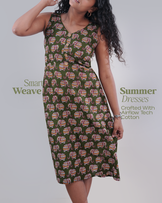 Jaipur Parade Hand Block Print Cotton Midi Dress (Sleeveless) - Sage Dust