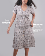 Wild Meadow Block Print Cotton Midi Dress( Short Sleeves) - Pebble Grey