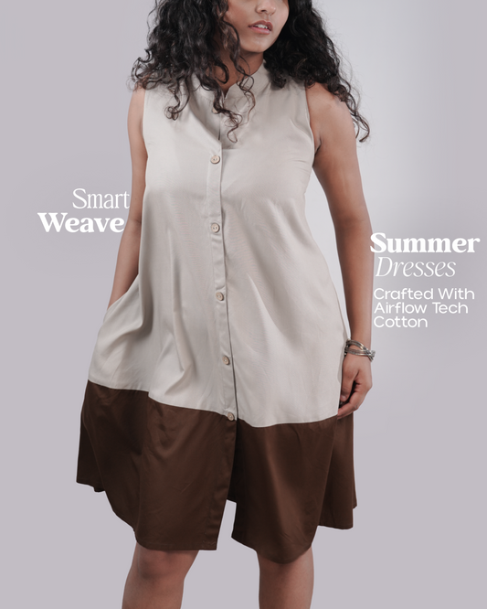 Two-Tone Solid Cotton A-Line Dress with Mandarin Collar - Sand Dune