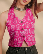 Pure cotton block print Indie Vest- Lotus Pink