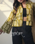 Pure Cotton Block Print Shrug With Elegant Mandarin Neck - Sagewood Moss