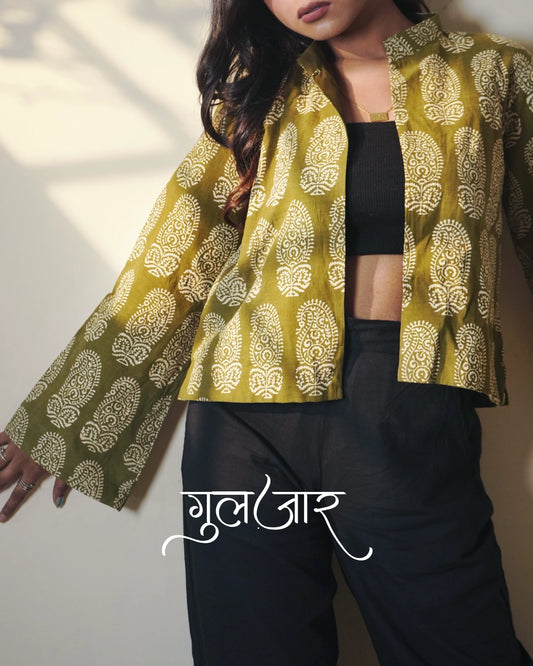 Pure Cotton Block Print Blazer With Elegant Mandarin Neck - Sagewood Moss
