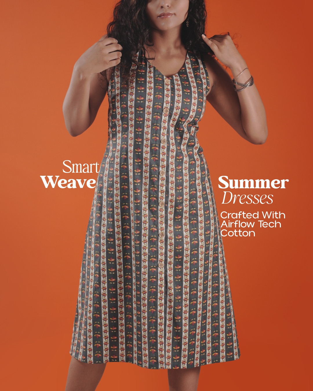 Marigold Trail Pure Cotton Block Print Midi Dress(Sleeveless) - Charcoal Petal